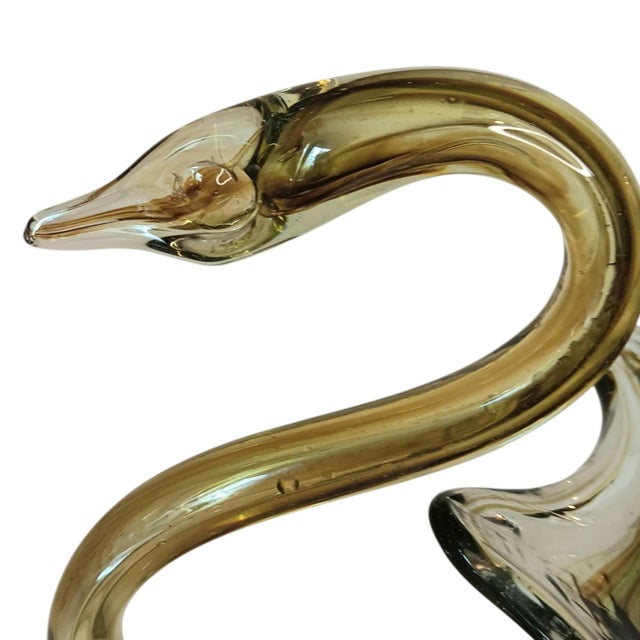 Large Art Glass Swan Vase Green Brown Swirl Handblown Mid-Century Modern Sooner Glass For Sale - Image 9 of 16