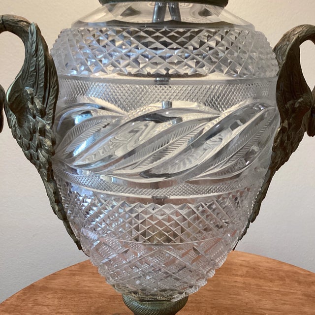 Neoclassical Mid 20th Century Neoclassical Cut Crystal Urn Bronze Swan Handles Lamps For Sale - Image 3 of 13