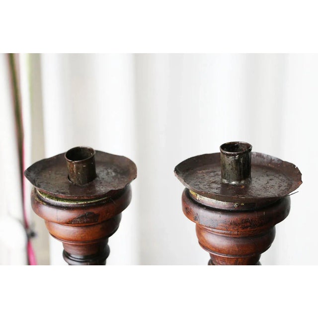 17th/18th Century Portuguese Carved and Turned Wood Candlesticks - a Pair For Sale - Image 9 of 13