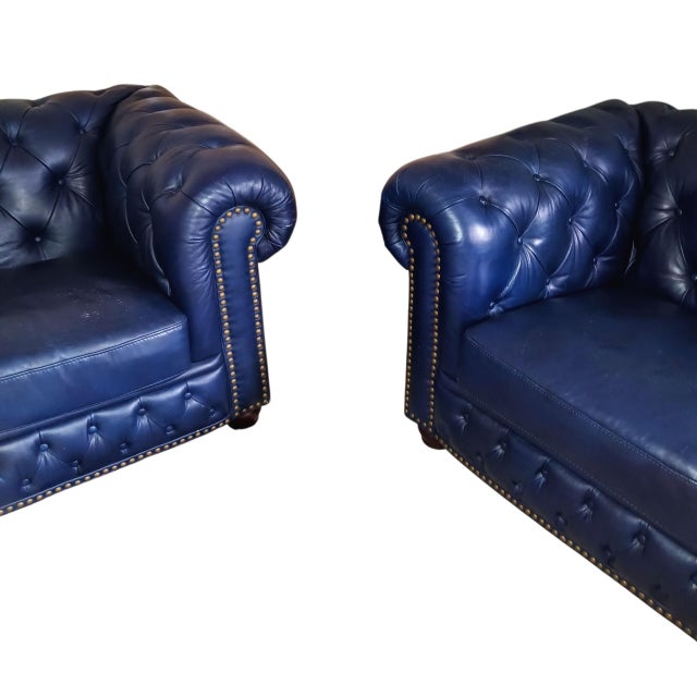 Animal Skin Elevate Your Living Space With These Navy Chesterfield Genuine Leather Sofa and Loveseat Set For Sale - Image 7 of 12