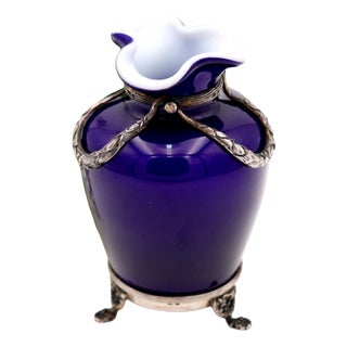 Blue Porcelain Pot with Silver Applications For Sale