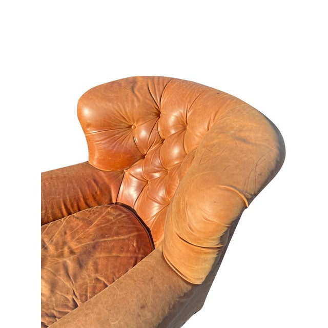 Tan Restoration Hardware Leather Tufted Chair Seating Chesterfield Style With Brass Nail Heads For Sale - Image 8 of 12