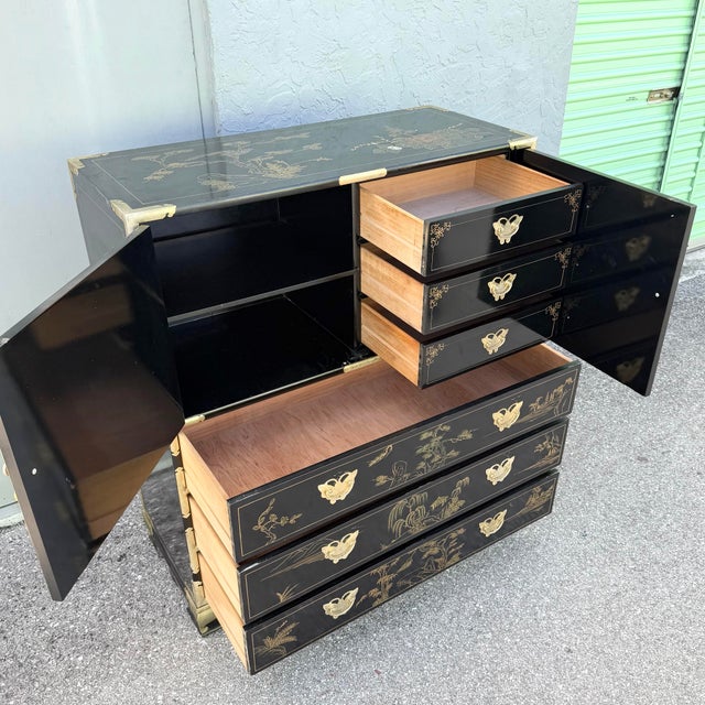 Chinese Black and Gold and Hand Painted Armoire/Chest of Drawers For Sale - Image 9 of 9