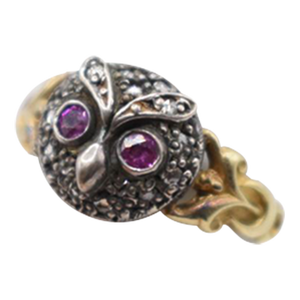 Mid 20th Century Owl Motif Ring With Rubies and Diamonds, Size 6.5