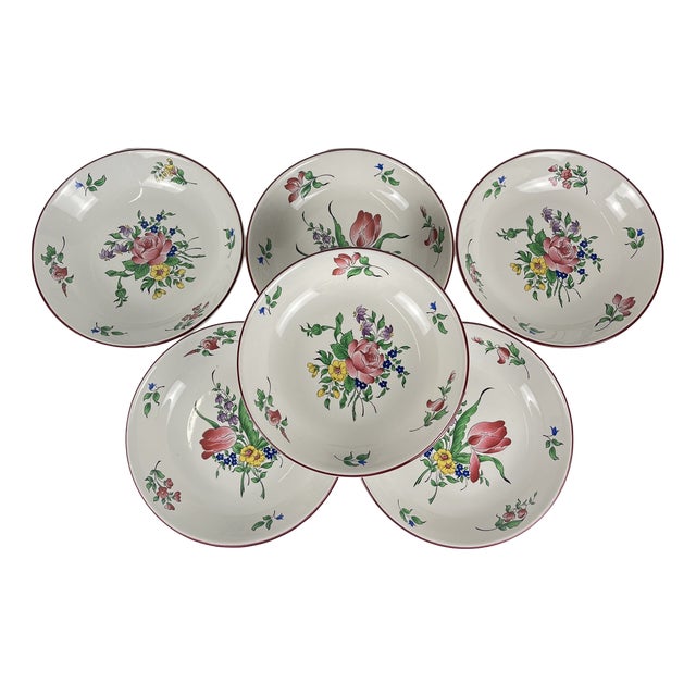 Bowl-Shaped Réverbère Model Plates with Tulip and Rose Pattern by KG Lunéville, 1980s, Set of 6 For Sale