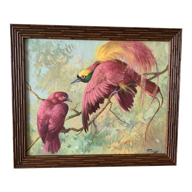 Signed Birds of Paradise Oil Painting For Sale