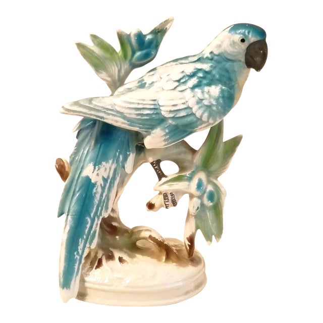 Blue and White Royal Sealy Porcelain Parrot Figurine Old Florida Chinoserie Style For Sale
