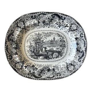 Antique English Black Transferware Platter “Italian Buildings” by P. Hall, C. 1820–1840 For Sale