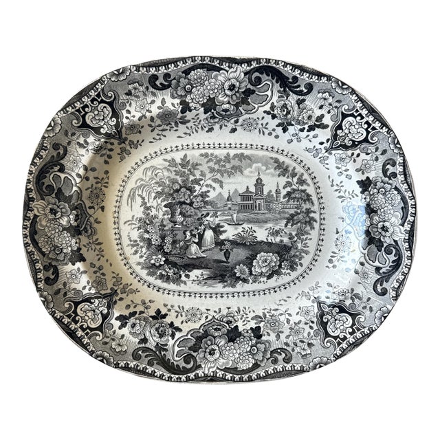 Antique English Black Transferware Platter “Italian Buildings” by P. Hall, C. 1820–1840 For Sale