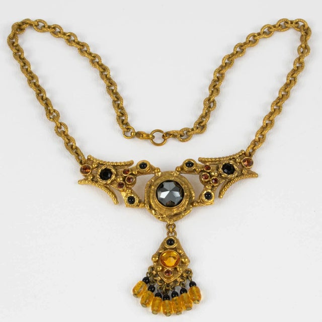 1950s Henry Perichon Bronze Necklace With Black Jet and Topaz Glass Cabochons For Sale - Image 5 of 11
