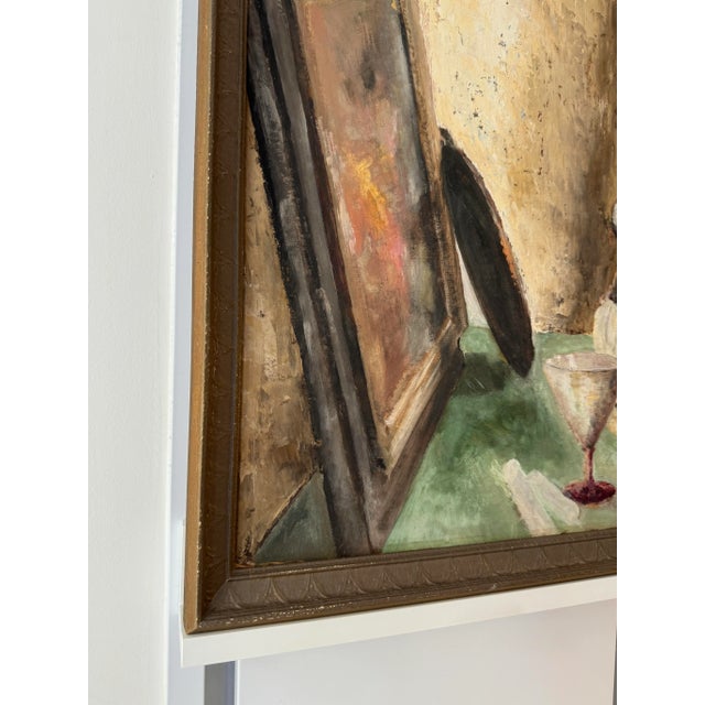 1920s Antonia J. Greene Still Life With Painting, Glass, and Candle, 1930s Oil on Board, Framed For Sale - Image 5 of 12