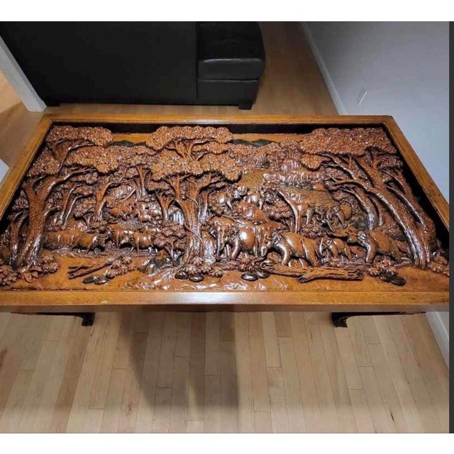 1980s Unique Teak and Acacia Carved Dining Set With 8 Different Carved Chairs For Sale - Image 6 of 7