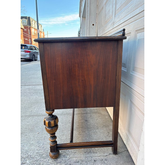 J.B. Van Sciver Company Antique Jacobean Revival Sideboard | Walnut Tudor Style Buffet | Carved Wood Credenza | Vintage English Manor Cabinet | Antique Dining Room For Sale - Image 4 of 12