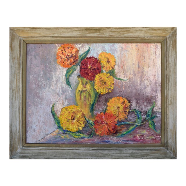 Mid Century Modern Impasto Zinnia Floral Still Life by Nona Beck Linneman For Sale