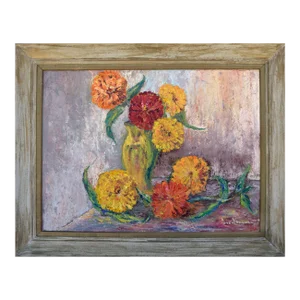 Mid Century Modern Impasto Zinnia Floral Still Life by Nona Beck Linneman