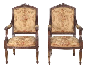 Pair of Louis XVI–Style Walnut/Beech Part Gilt Armchairs With Aubusson Tapestry Upholstery