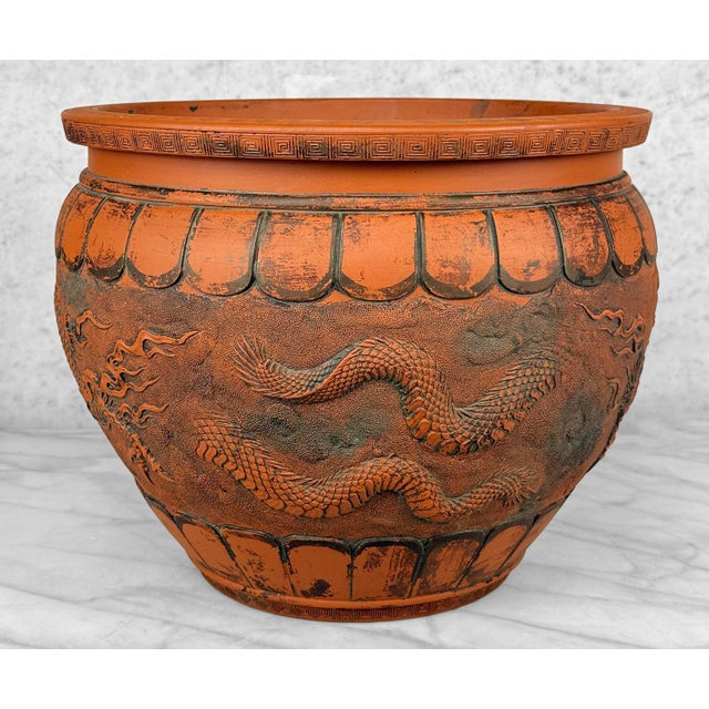 Antique 15" Japanese Red Clay Pottery Dragon Planter Pot Jardiniere For Sale - Image 4 of 12