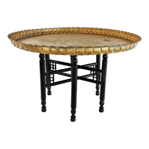 Moroccan Round Brass Top Tray Table With Folding Wood Stand