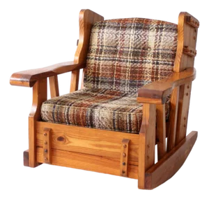 Vintage Pine Rocking Chair With Plaid Tweed Cushions
