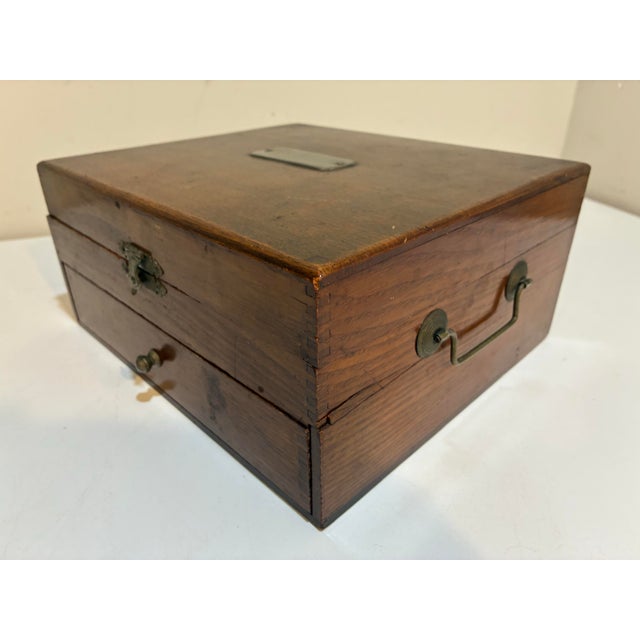 American Antique Wood Storage Box With Drawer - Dovetail Joints - Brass Hardware C. 1900 For Sale - Image 3 of 11