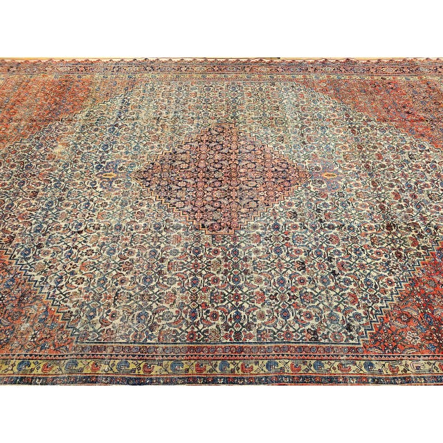 Textile 19th Century Persian Bidjar Rug, Hand-Knotted Wool, Herati Geometric Pattern, Ivory & Red, 10x14 For Sale - Image 7 of 18
