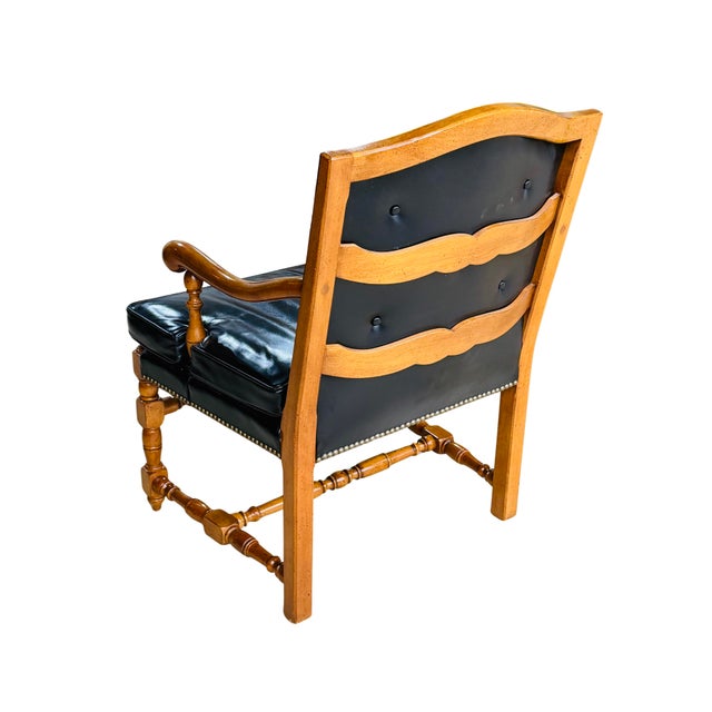 Vintage Barnard & Simonds Black Leather Armchair | 1960s American Traditional | Button-Tufted Leather & Bobbin-Turned Wood For Sale - Image 14 of 18
