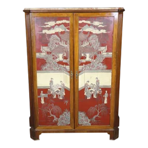Rare Red Chinoiserie Coromandel Lacquered Walnut French Dry Bar Liquor Cabinet