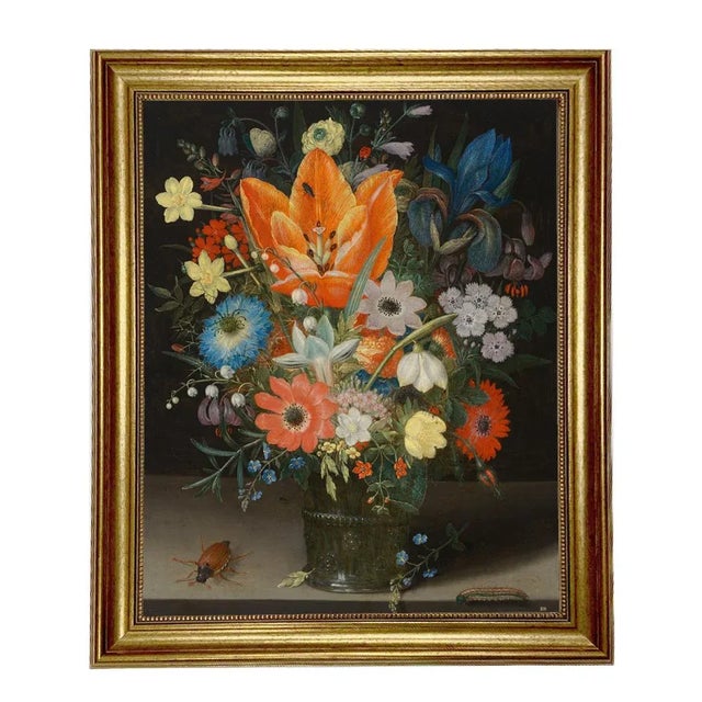 Beaux-Arts "Still Life with Iris" After Peter Binoit, Contemporary Reproduction Print on Canvas, Framed, 16 x 20 For Sale - Image 3 of 3