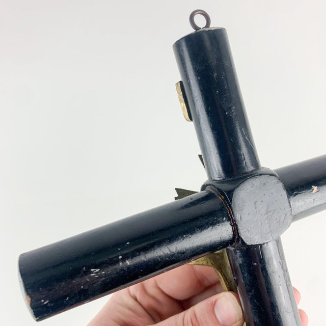 Black Vintage Brass Black Wood Crucifix French Cross Jesus Christ Gothic Wall Hanging For Sale - Image 8 of 10