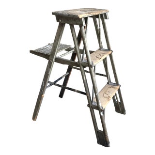 19th Century Distressed Green Paint Step Ladder For Sale