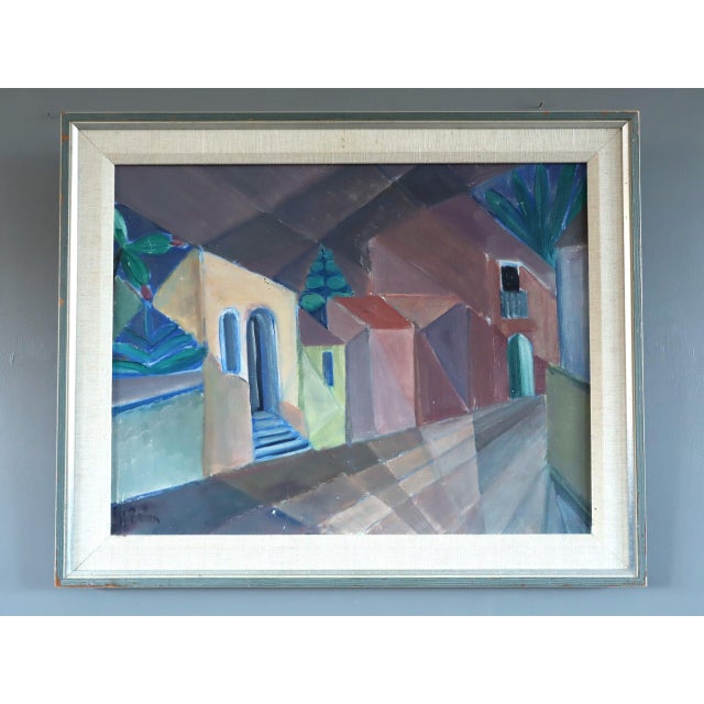 CUBIST STREET Size: 14.8 x 18.1 inches (including frame) Oil on board A mid-century painting presents a quiet street...