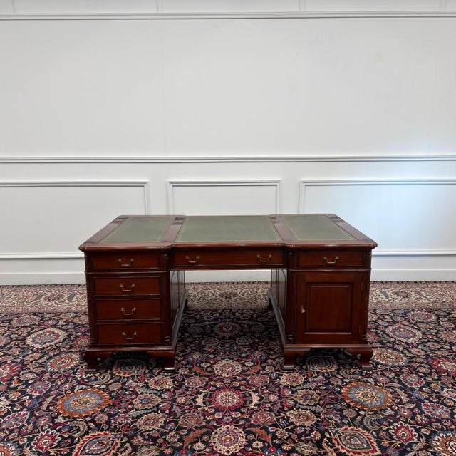English Partner Desk with Green Leather For Sale - Image 4 of 18