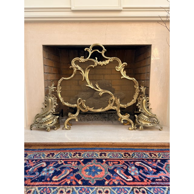 19th Century Firescreen & Andiron Set Rococo bronze screen with andirons in beautiful antique condition. SCREEN 29”W x...