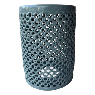 Lanie Celadon Blue Glaze Lattice Garden Stool For Sale