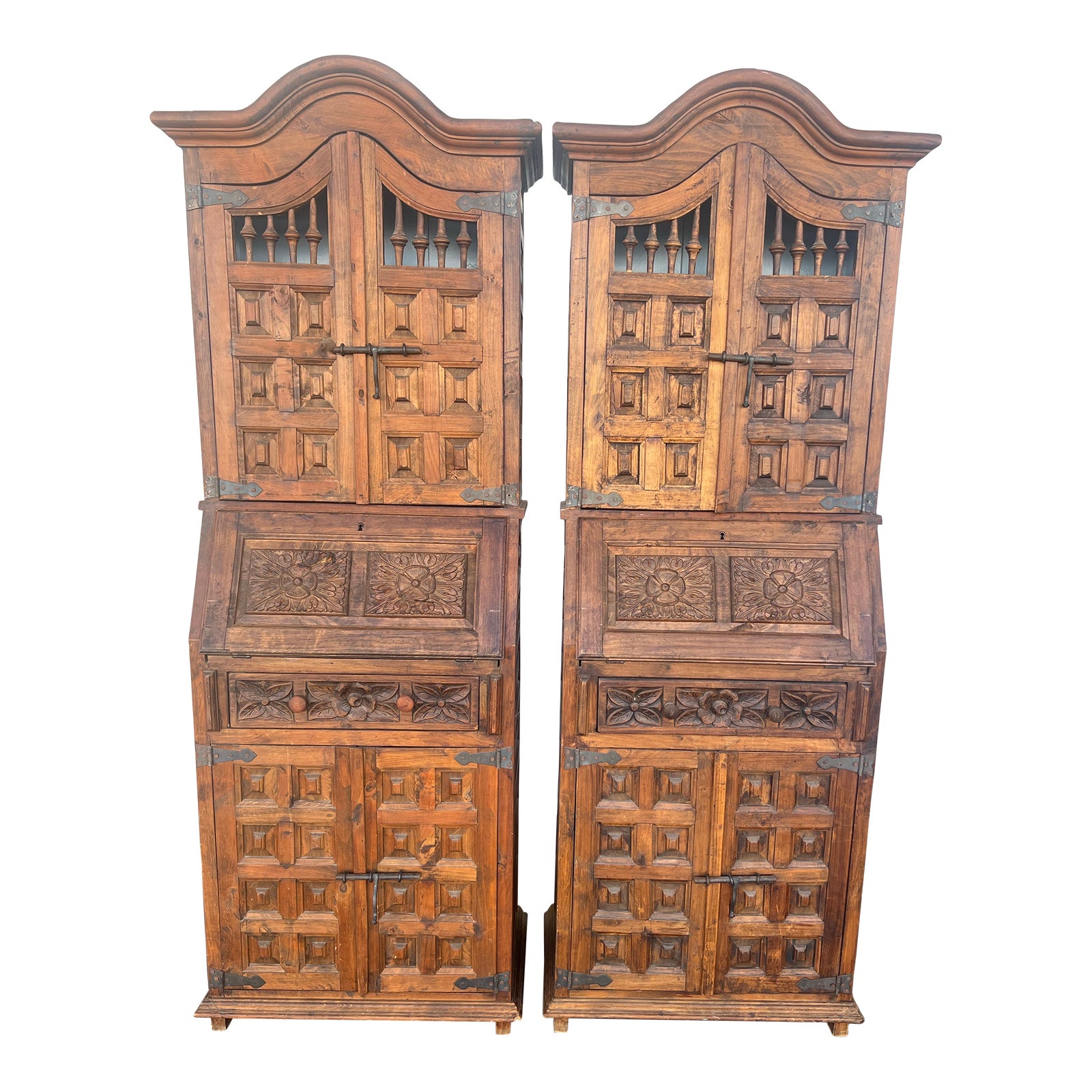 Antique Spanish Colonial Revival Paneled Secretary Desk - Pair of