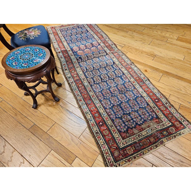 Persian 19th Century Persian Bidjar Runner, Hand-Knotted Wool, Allover Paisley Pattern, Blue & Red, 3x9 For Sale - Image 3 of 14
