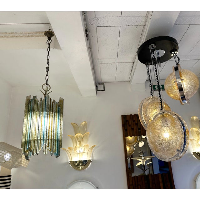 Blue Hammered Glass Wrought Iron Pendant Lighting by Biancardi Jordan, Italy, 1970s For Sale - Image 8 of 12