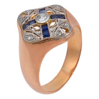 Antique Diamond Sapphire 18k Rose Gold Ring, Size 6 For Sale