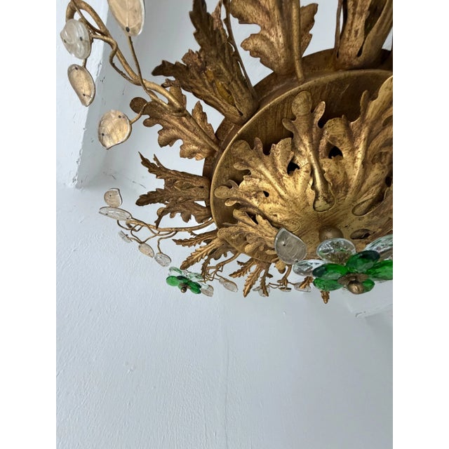Metal Flush Mount Maison Baguès Crystal Green Flowers Leaves Chandelier 9 Lights For Sale - Image 7 of 11