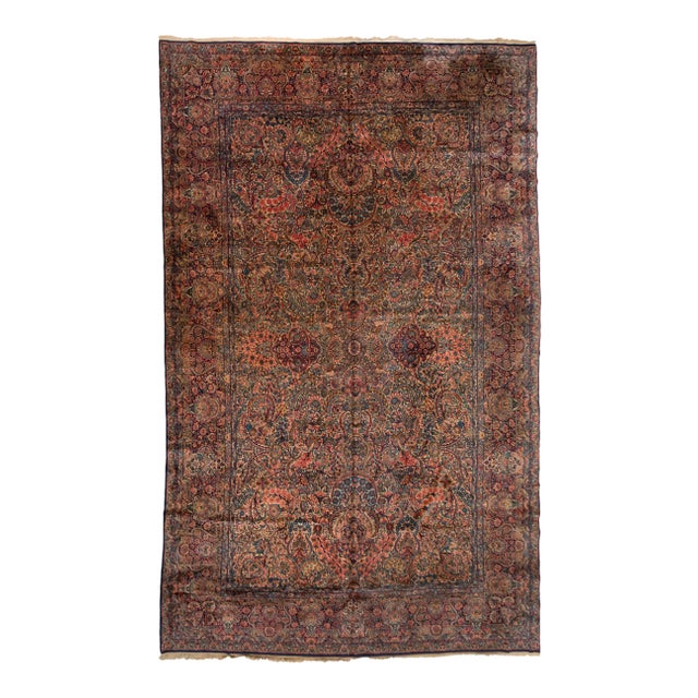1910s Persian Blue and Rose Floral Palmettes Kirman Large Rug For Sale