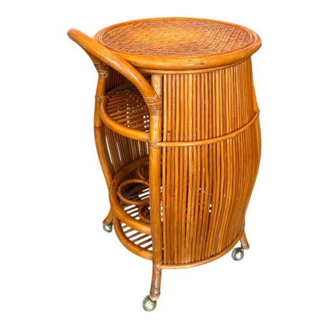 Italian Mid Century Rattan & Bamboo Barrel Bar Cart For Sale - Image 10 of 11
