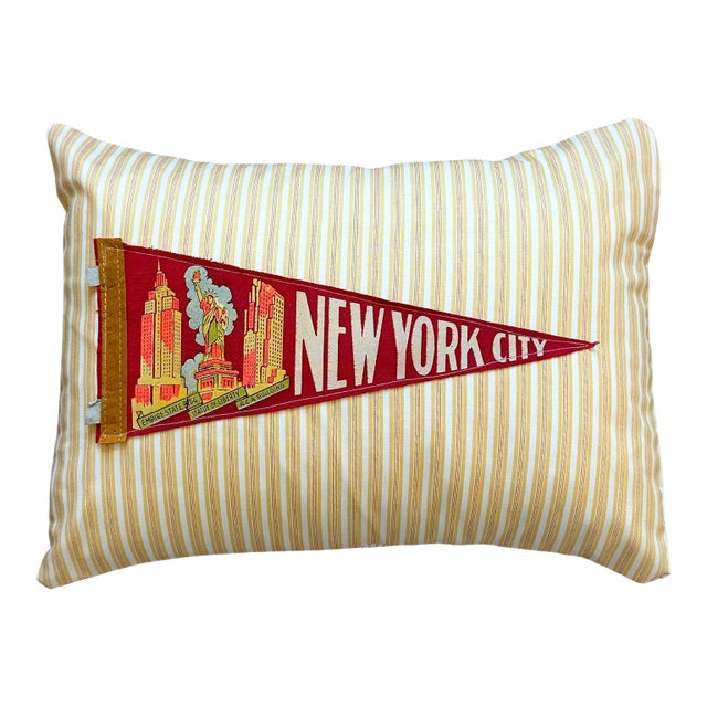 New York Nyc Vintage Pennant on New Yellow Woven Throw Pillow For Sale