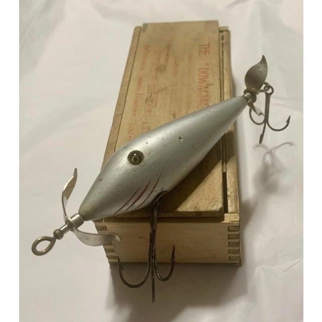 Rare 1904 Heddon Dowagiac 300 "High Forehead" Surface Minnow in Aluminum With Original Wooden Box For Sale - Image 4 of 11