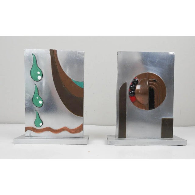 Vintage Abstract Art Deco Metal Enamel Sculpture Bookends For Sale - Image 4 of 10