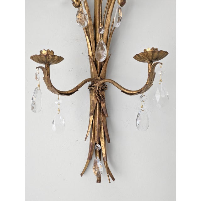 Vintage Italian Gilt Tole 2 Arm Wheat Candle Sconce With Glass Prisms For Sale - Image 4 of 7