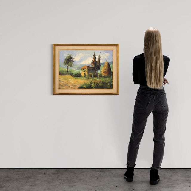 Italian painting from the second half of the 20th century. Artwork oil on canvas depicting landscape, countryside view in...