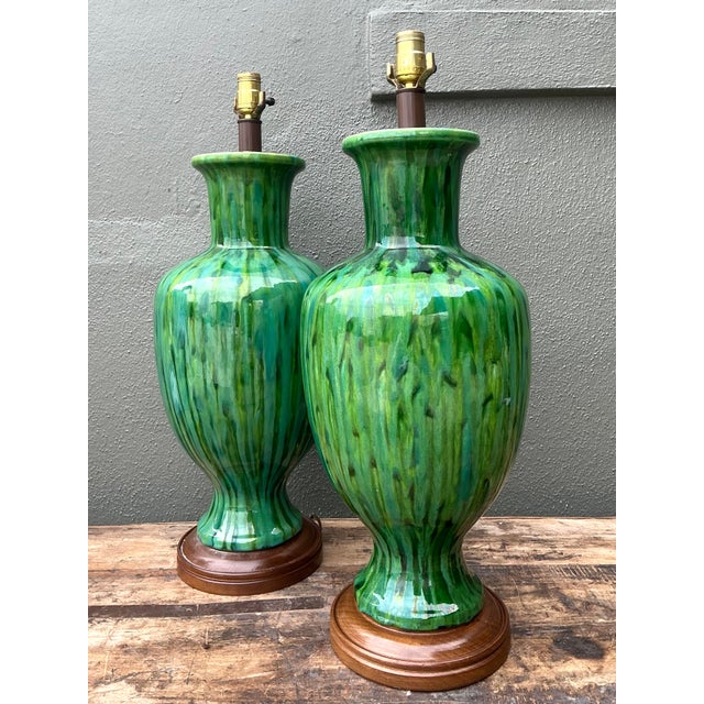 Mid 20th Century Vintage Mid-Century Modern Drip Glaze Ceramic Lamps - A Pair For Sale - Image 5 of 12