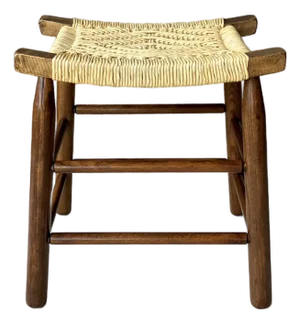 Mid 20th-Century Refined Rustic Maple Wood Mortise & Tenon Fiber Rush Saddle Seat Bench / Stool