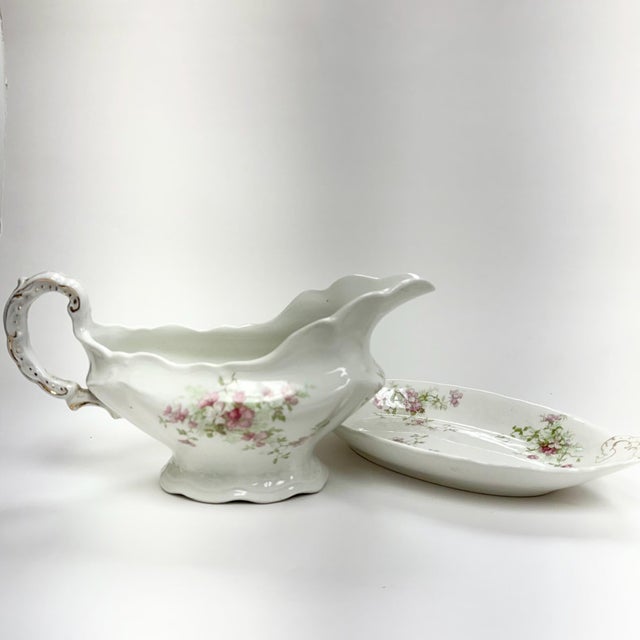 Antique John Maddocks Ironstone Gravy Boat – Pink Floral Gold Trim For Sale - Image 4 of 10