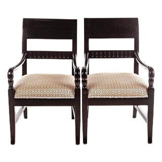 Vintage Upholstered Black Ebonized Wooden Armchairs, a Pair For Sale